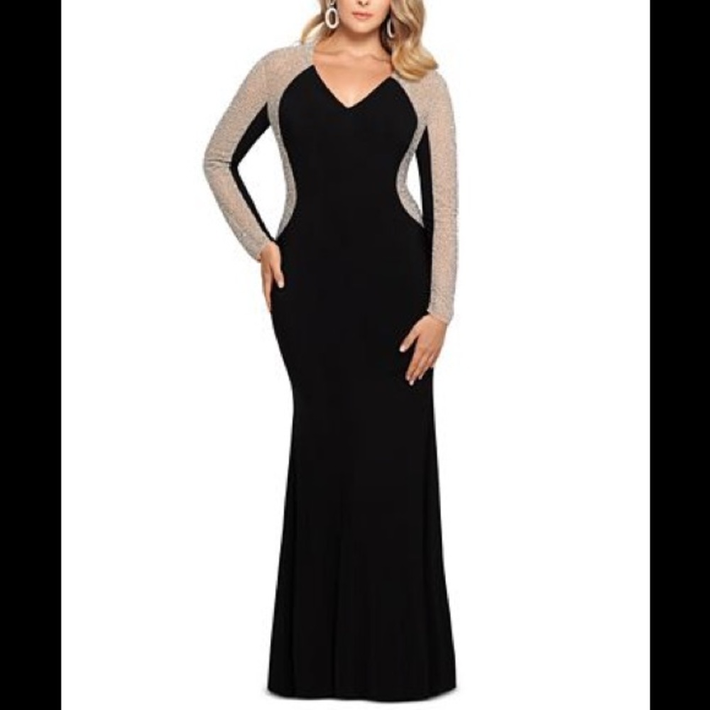 Party dress! Black gown, sheer rhinestone sleeves.
